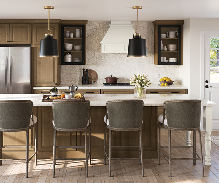 Kitchen Cabinets with Mid-Tone Brown Glaze, Off-White Paint, and Black Accents