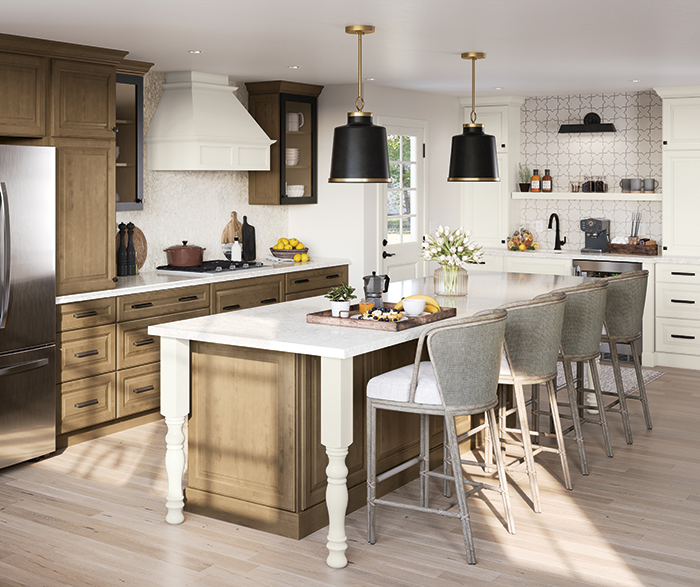 Kitchen Cabinets with Mid-Tone Brown Glaze, Off-White Paint, and Black Accents