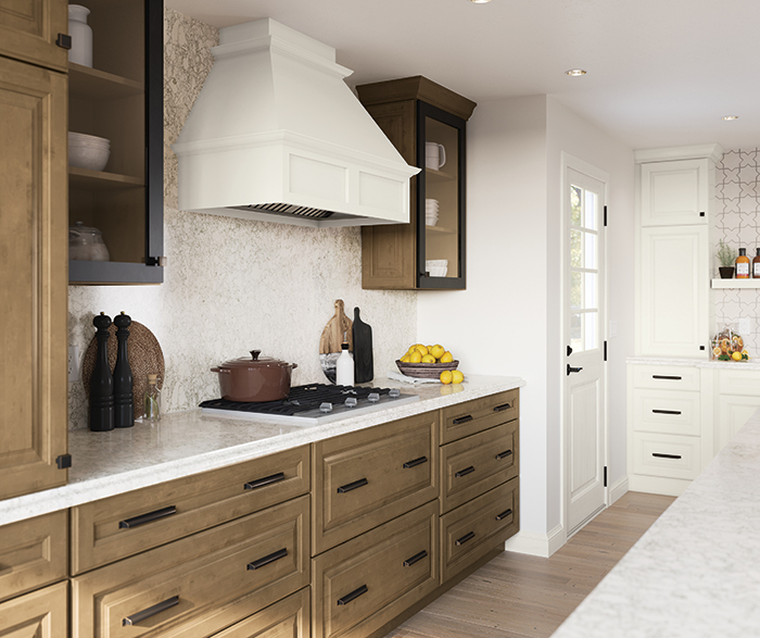 Kitchen Cabinets with Mid-Tone Brown Glaze, Off-White Paint, and Black Accents